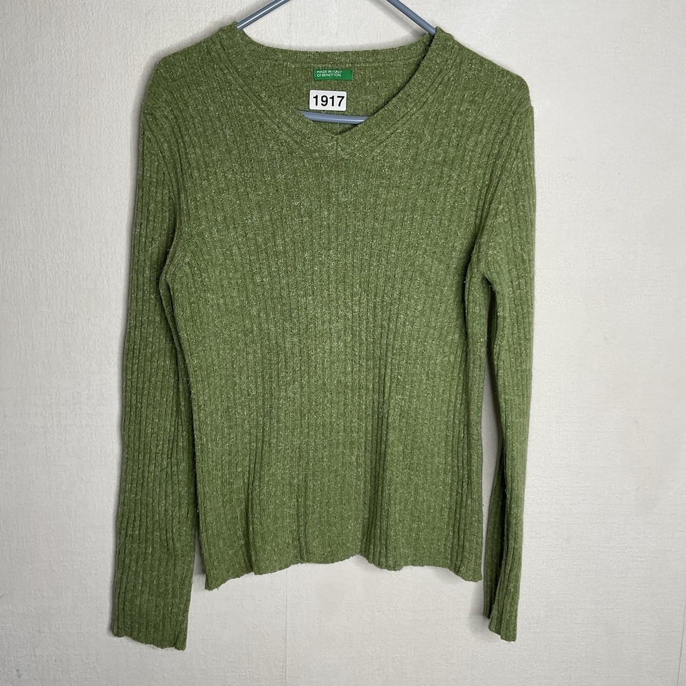 Made In Italy Of Benetton Sweater Women's Size L Green Wool Silk Knit‎ Pullover